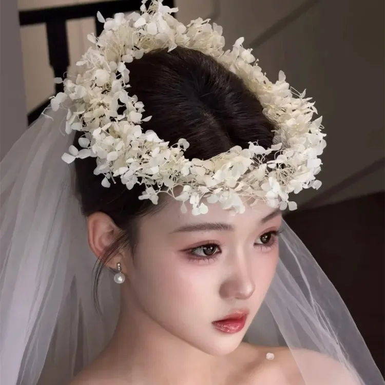 婚庆饰品 B3126森系永生花手工白色花环仙气新娘超仙结婚花环发饰
