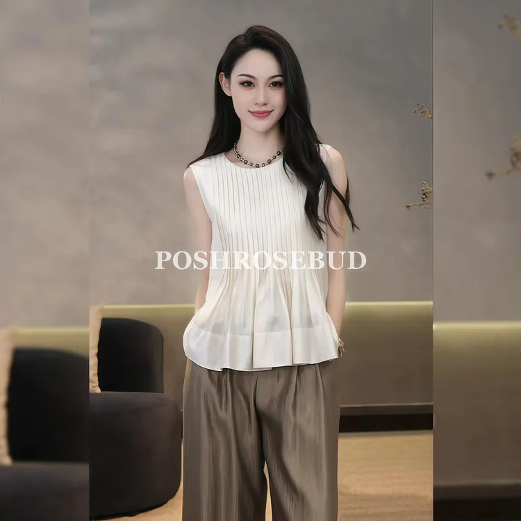 POSHROSEBUD【半岛情书】莫代尔醋酸褶皱圆领无袖气质上衣衫-5111
