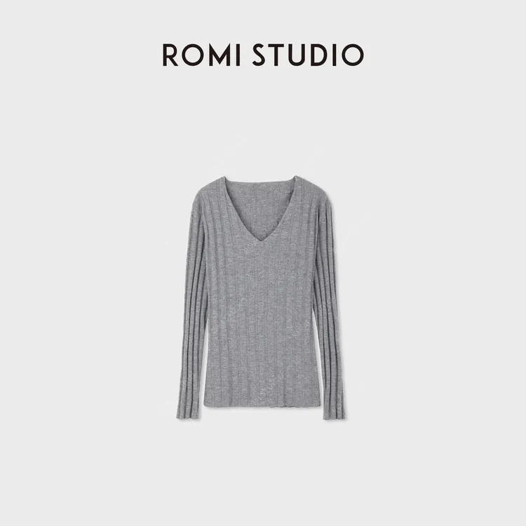 ROMI STUDIO“优雅舒适”100%羊毛坑条立体V领套头毛衫 RWDSS61819