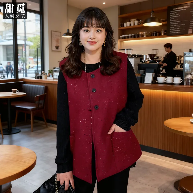 甜觅特大码女装2025冬装胖mm300斤洋气百搭精致闪银呢子马甲外套