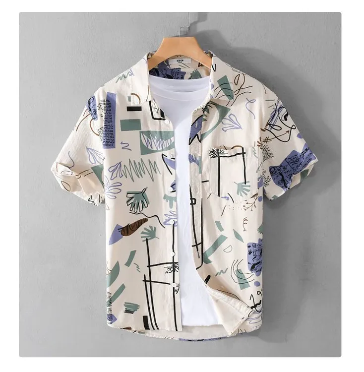 夏季男士印花休闲短袖衬衫薄款宽松潮流帅气百搭青少年半袖衬衣