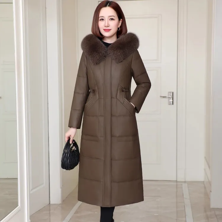 2025新款海宁真皮羽绒服女长款冬季绵羊皮皮衣白鸭绒御寒保暖外套