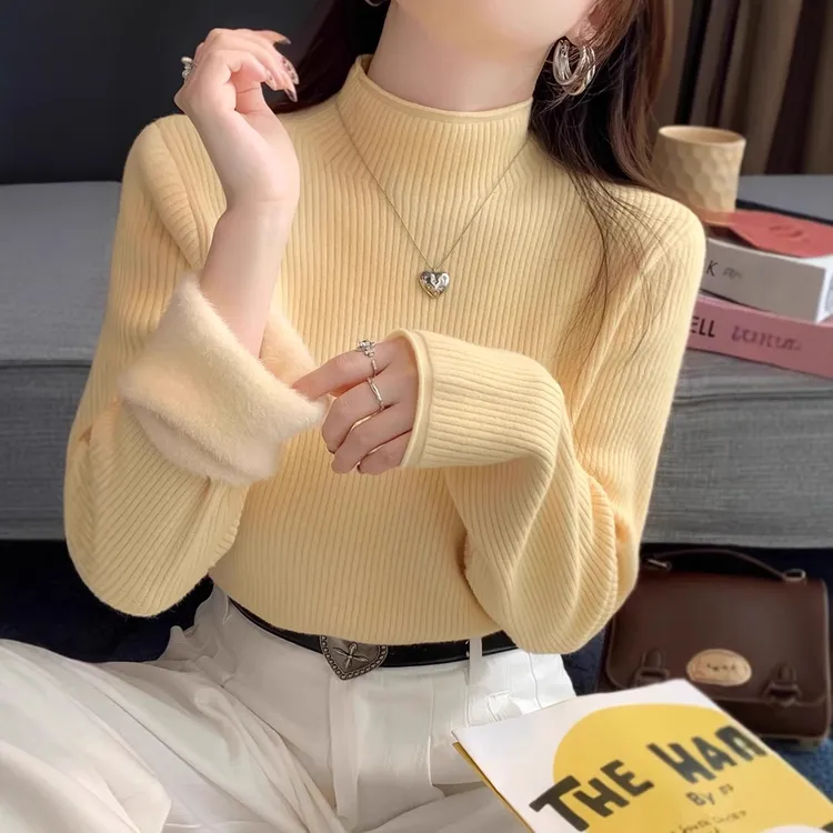 【一体绒】2025秋冬新款半高领毛衣女加绒加厚内搭针织打底衫上衣