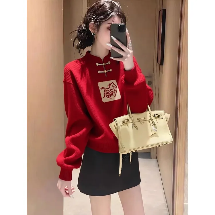 新中式国风盘扣红色圣诞毛衣女2026新款秋冬本命年马年针织衫上衣