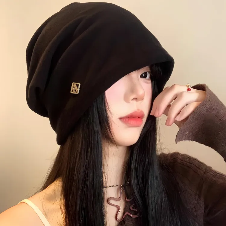 黑色堆堆帽女秋冬日系复古大头围套头包头帽宽松显脸小百搭冷帽子