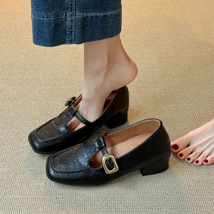 羊皮版~内增高方头玛丽珍小皮鞋一字扣带法式浅口软底单鞋女秋季