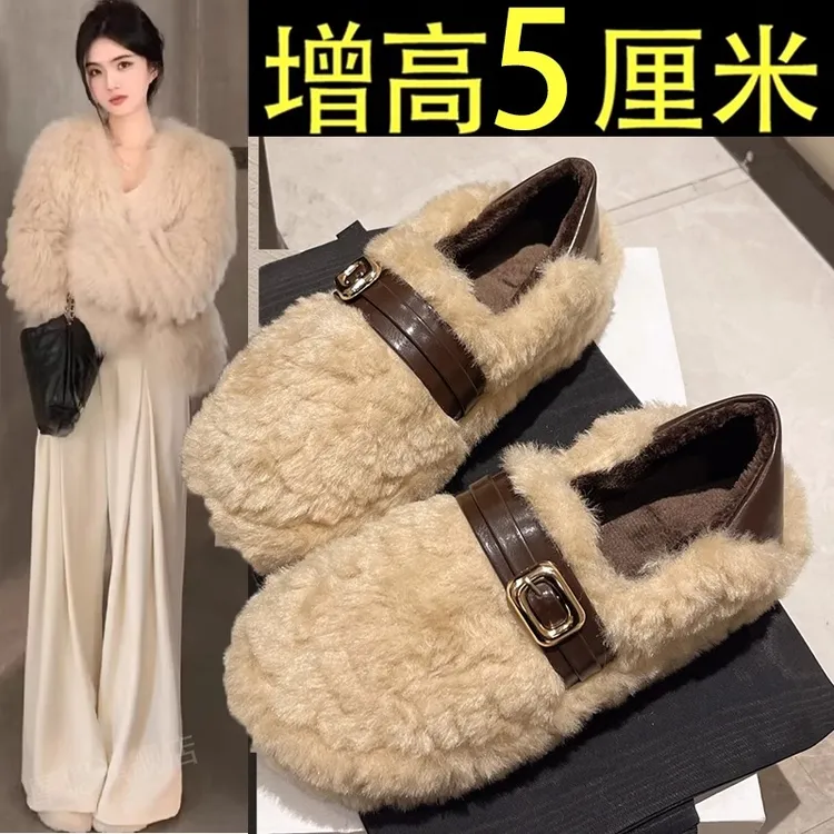 厚底内增高毛毛鞋女外穿2024新款冬季雪地靴一脚蹬晚晚鞋毛绒棉鞋