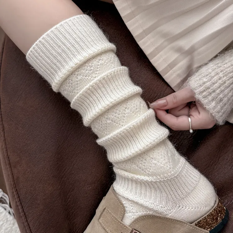 小腿袜子女秋冬加厚针织堆堆袜长袜菱格纹袜配勃肯鞋保暖袜子CIS