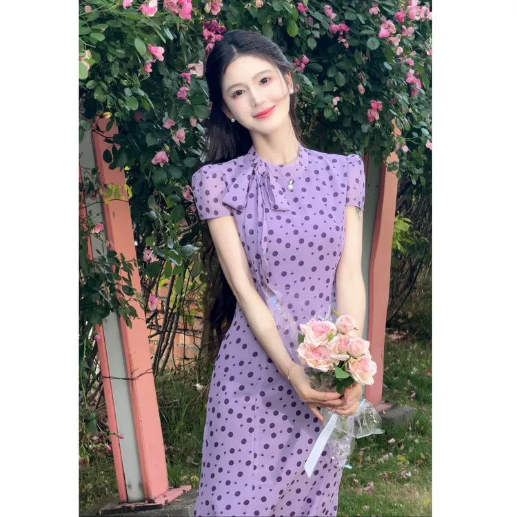 LILI李李家【香芋黑巧】韩系紫色波点长裙夏品鱼尾裙连衣裙XMZH6945