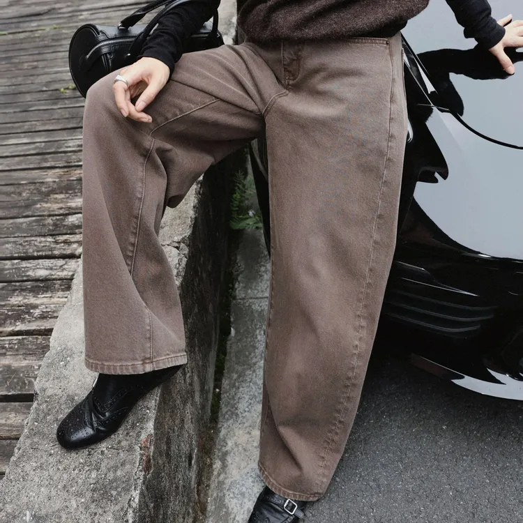 TT设计师【午后摩卡】复古风高级感水洗做旧挺阔感牛仔裤TT191129