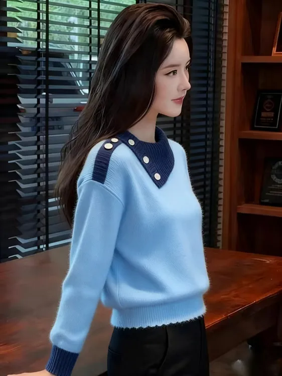 仿貂毛冬季新款老钱风拼色翻领针织衫毛衣高级感休闲气质长袖上衣