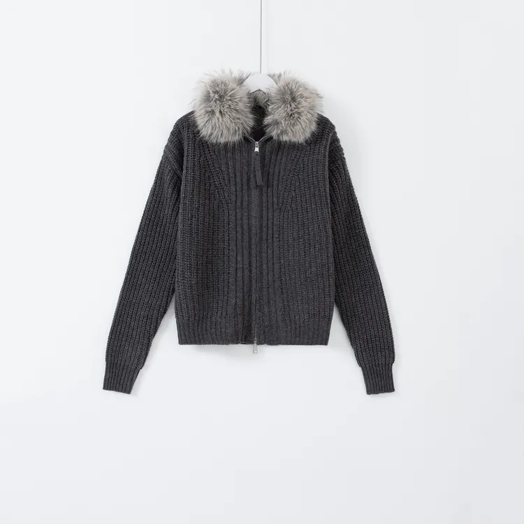 几里与麻 可拆毛领针织拉链开衫 衣长55胸围102 2112822