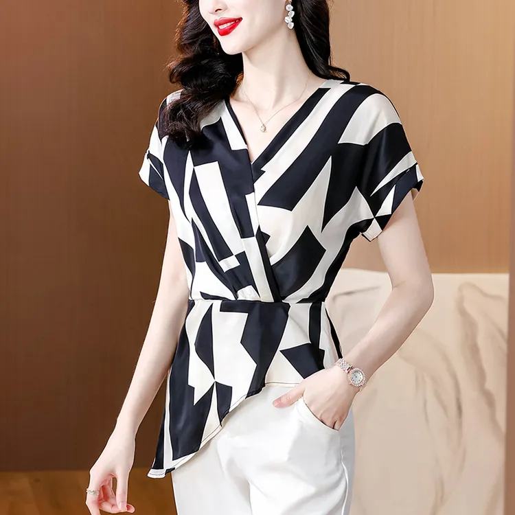 上衣女显瘦时尚2025夏季新款法式V领收腰气质短袖上衣气质拼色