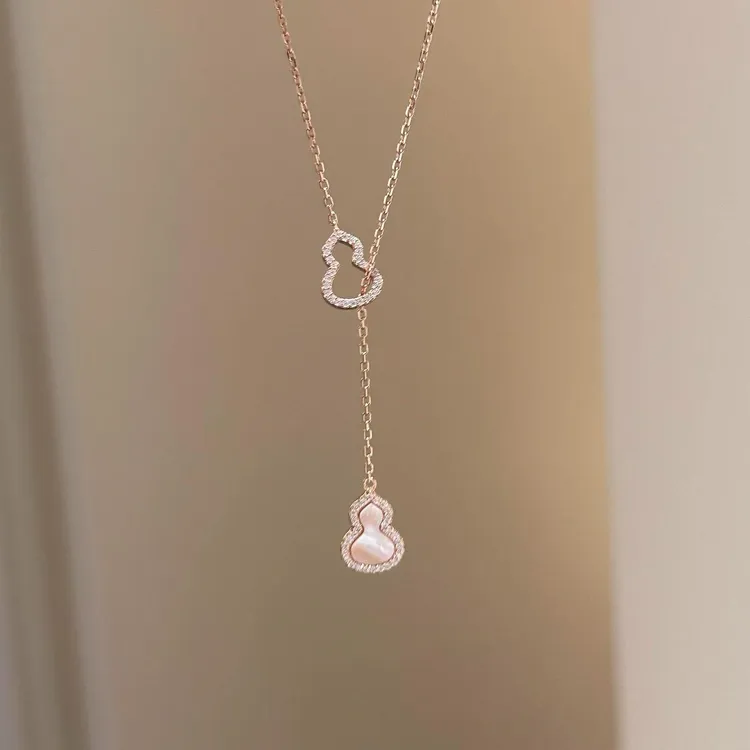 玫瑰金葫芦粉色闪钻吊坠金色项链女轻奢高级感锁骨链小众复古精致