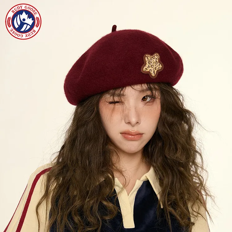 RUDY GOOSE美式复古酒红色贝雷帽子秋冬羊毛毛呢美拉德蓓蕾画家帽