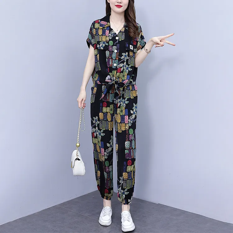 女士夏季休闲套装2025年大码洋气时髦中年妈妈时尚减龄雪纺两件套