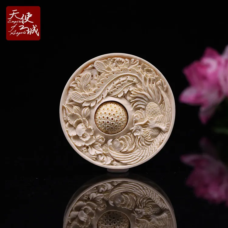 天然猛犸象牙凤凰戏牡丹转运牌吊坠双面精雕凤舞九天圆牌