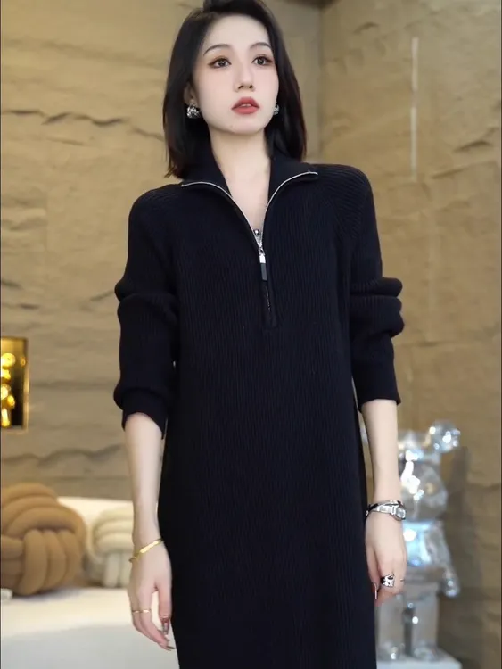 秋冬新款高档时尚针织衫半高领毛衣裙半拉链中长款过膝长裙连衣裙