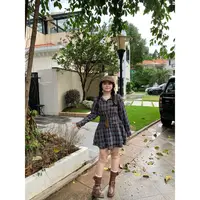 【秋日咖啡馆】大头婷微胖定制蝴蝶结格纹连衣裙收腰长袖短裙 L8033