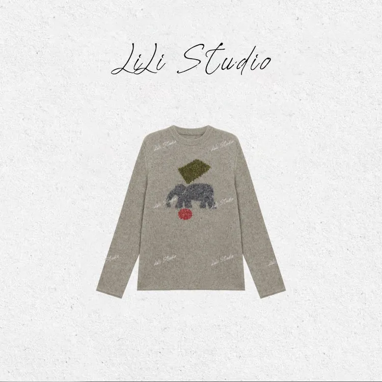 PCNY丨不理理「灰境象韵」撞色宽松几何小象羊绒圆领毛衣