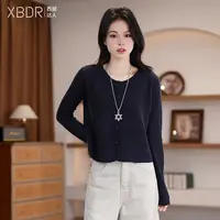 2025秋季新款纯色圆领坑条长袖针织衫女宽松显瘦百搭短款开衫上衣