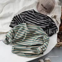 简约~秋男女宝宝水洗棉条纹T恤上衣 儿童韩版宽松长袖打底体恤衫