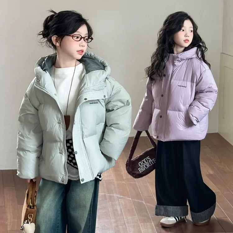 女童冬季纯色连帽棉衣2025爆款百搭休闲加厚棉衣连帽不可拆中大童