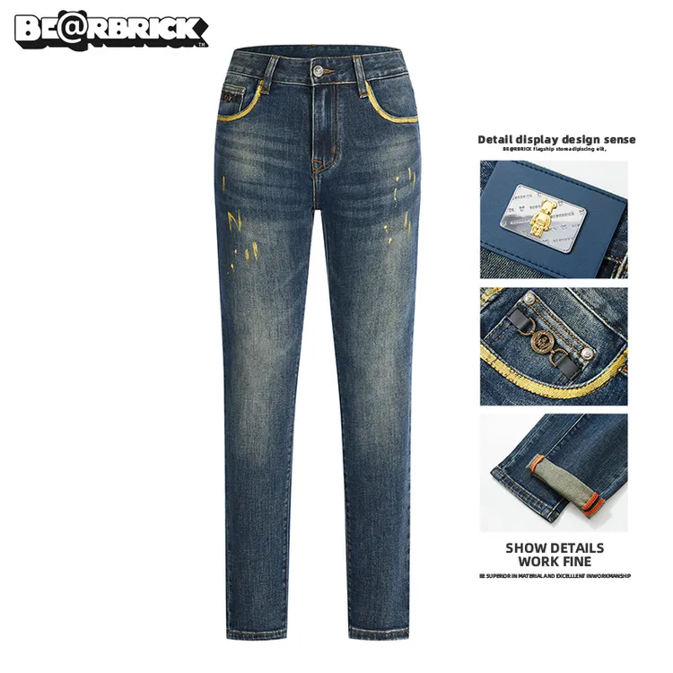 积木熊Be@rbrick【明星同款】人工手绘牛仔裤男秋冬季潮流修身裤子