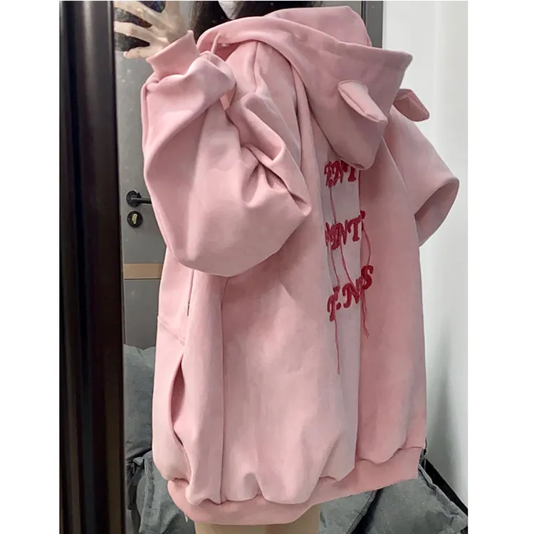 美式复古vintage粉色连帽卫衣女宽松2025秋季潮牌情侣慵懒风外套