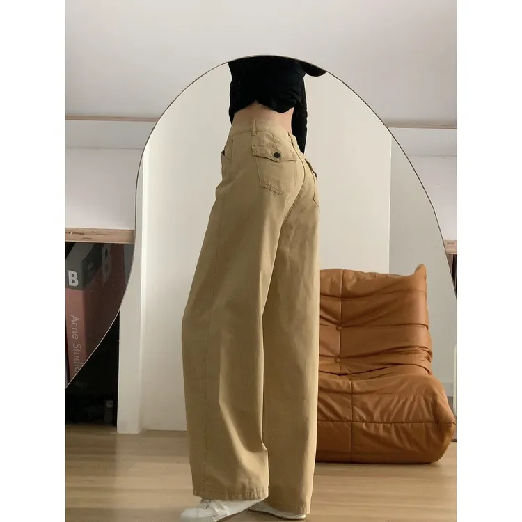 美式卡其色阔腿牛仔裤女秋季新款高腰宽松显瘦垂感直筒拖地牛仔裤