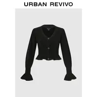 UR2025秋季新款女装魅力V领泡泡袖荷叶边短款针织衫UWG950270