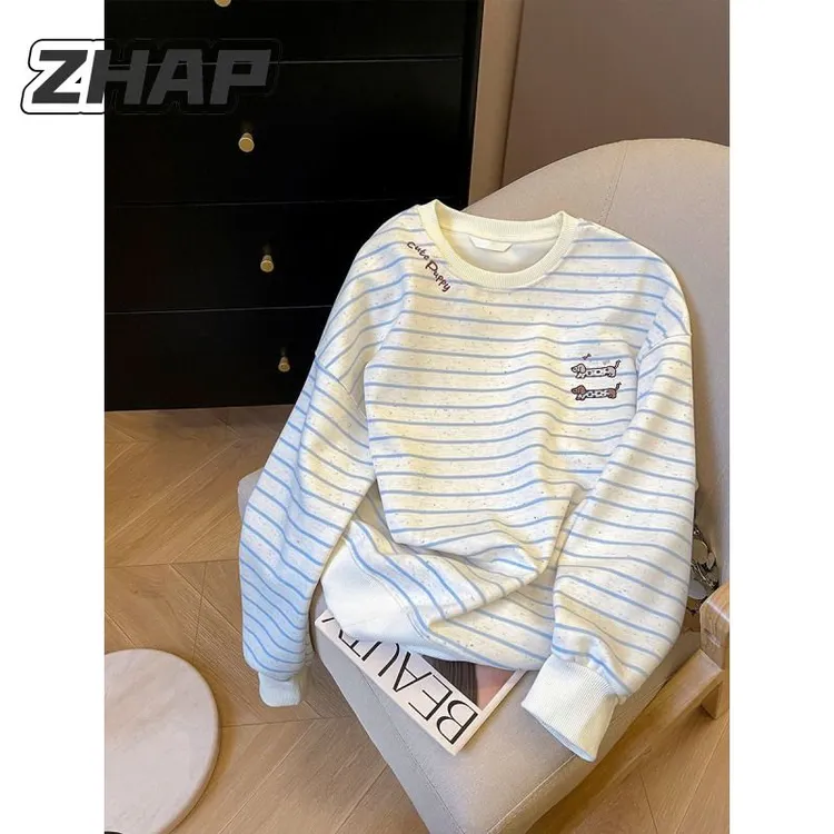 【ZHAP】刺绣条纹圆领卫衣女2025秋冬宽松圆领韩系慵懒风松弛感上衣