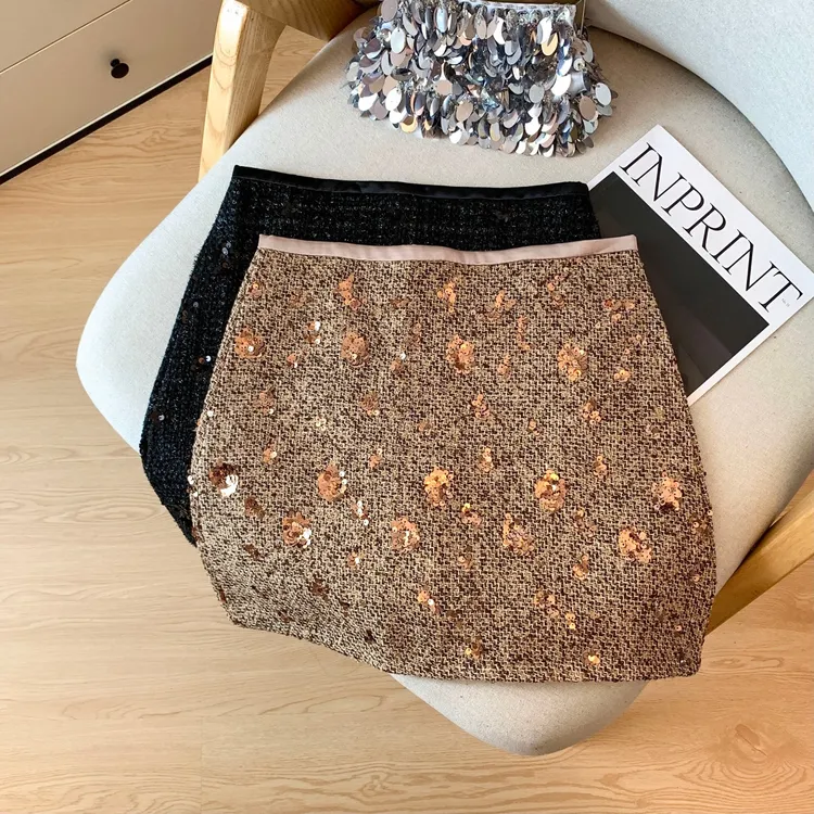 小香风亮片半身裙秋冬季2025新款小个子a字半裙高腰包臀裙短裙子