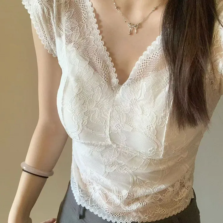 纯欲风蕾丝拼接吊带背心女夏季带胸垫可外穿美背短款短袖上衣