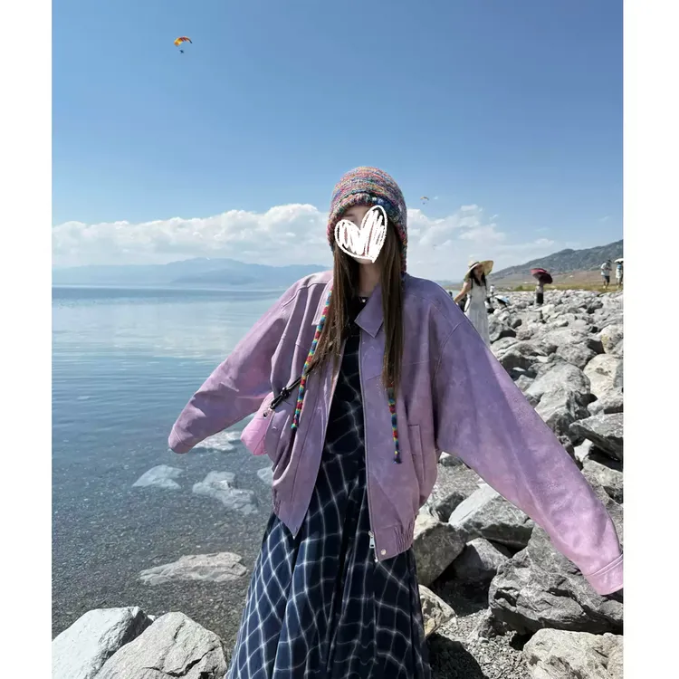 2025新款秋季拉链翻领皮衣长短款宽松显瘦紫色绝美皮衣外套女