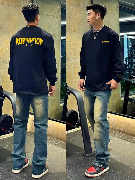 秋冬重磅纯棉长袖T恤猫咪印花上衣男宽松百搭美式潮流情侣打底衫