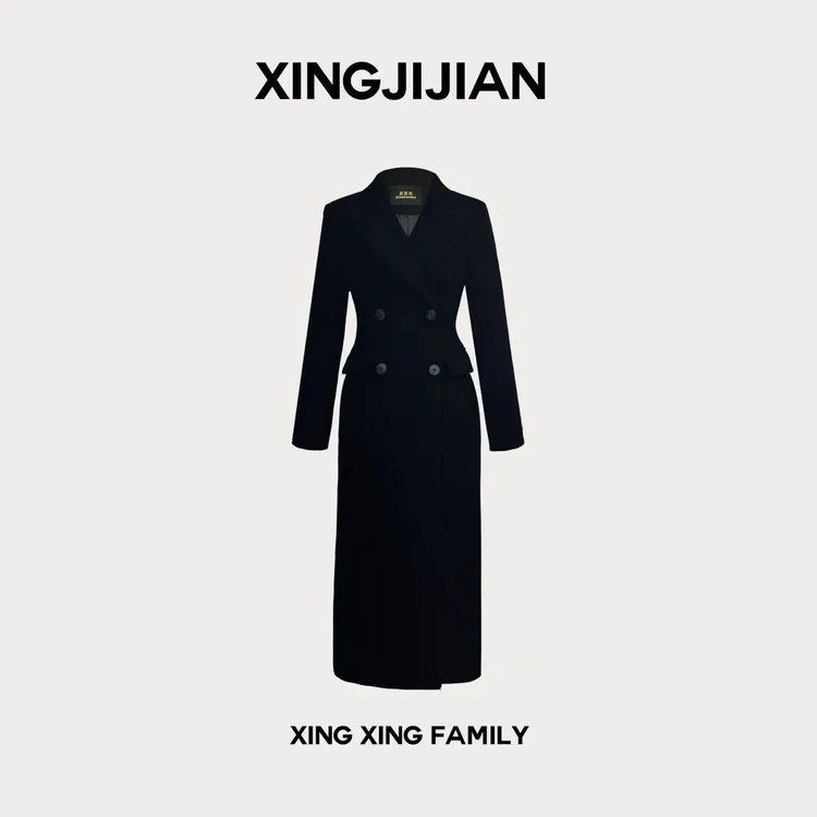 XINGXING  罗马画报  冬季时尚气质女士黑色毛呢修身经典收腰大衣