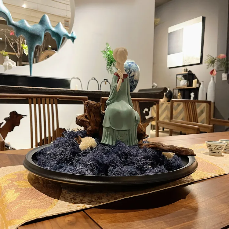 午季原创中式雅韵 仕女蓝苔台上花艺/餐桌花艺 空间雅置
