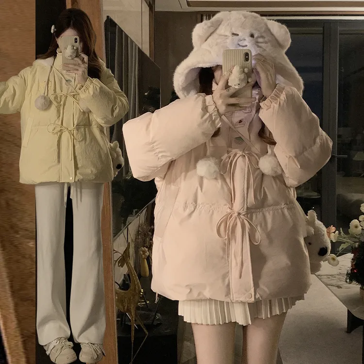 初高中女学生冬季学院风外套冬季可爱大童加厚棉衣毛绒绒连帽棉服