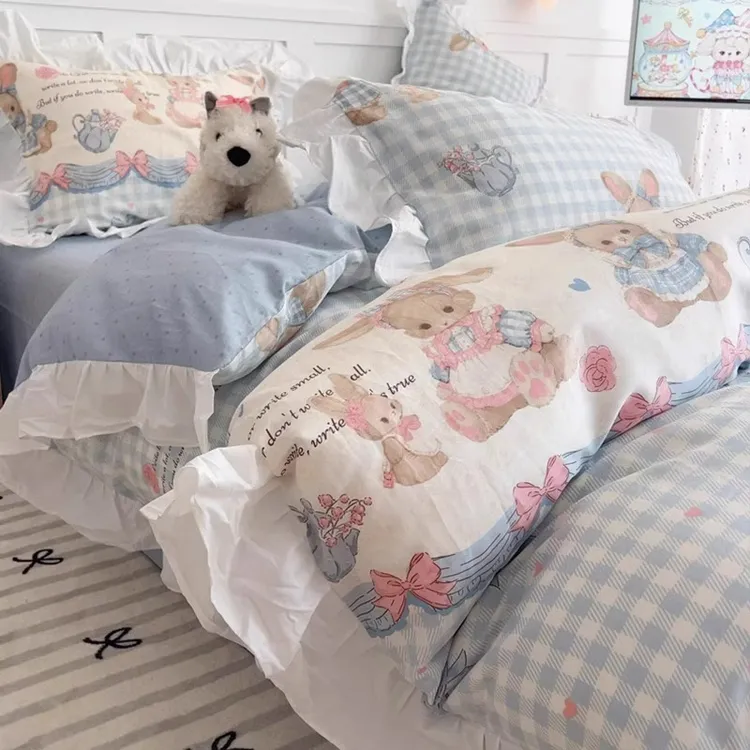 洛丽塔公主风纯棉花边床上四件套全棉少女床单被套学生宿舍三件套