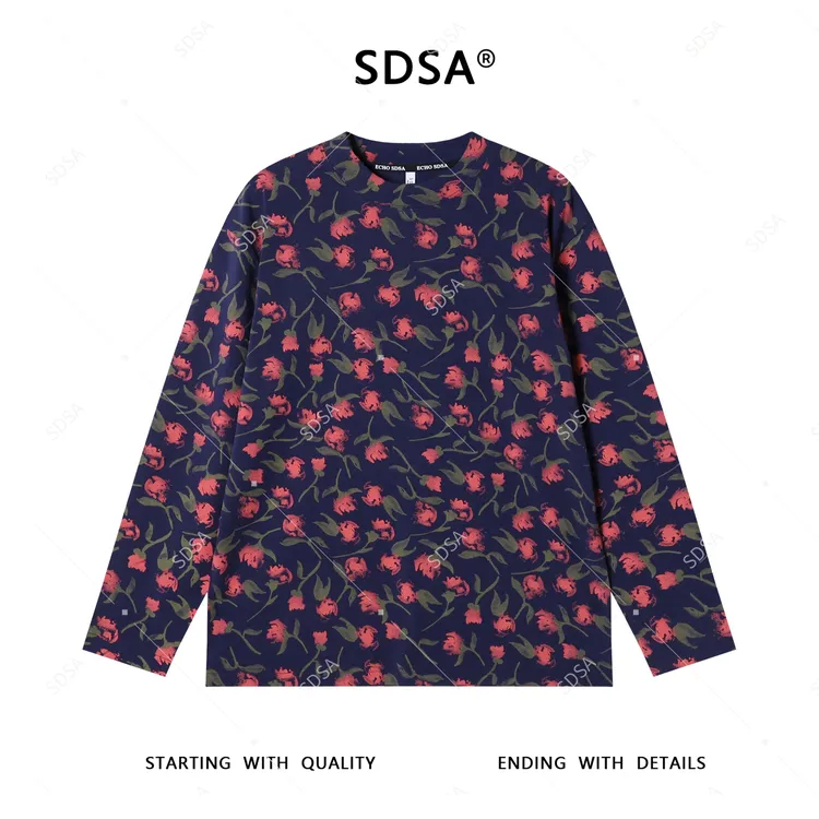 SDSA男士秋冬新款轻奢痞帅男装撞色植物花卉印花满印圆领长袖T恤