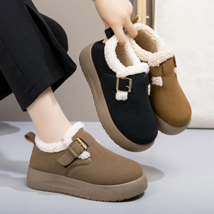 冬季雪地保暖新款女棉鞋松糕厚底增高防水防滑一脚蹬勃肯鞋加绒靴