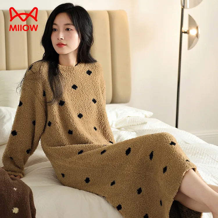 猫人秋冬季新款睡衣女保暖半边绒连衣裙套头圆领长袖珊瑚绒家居服