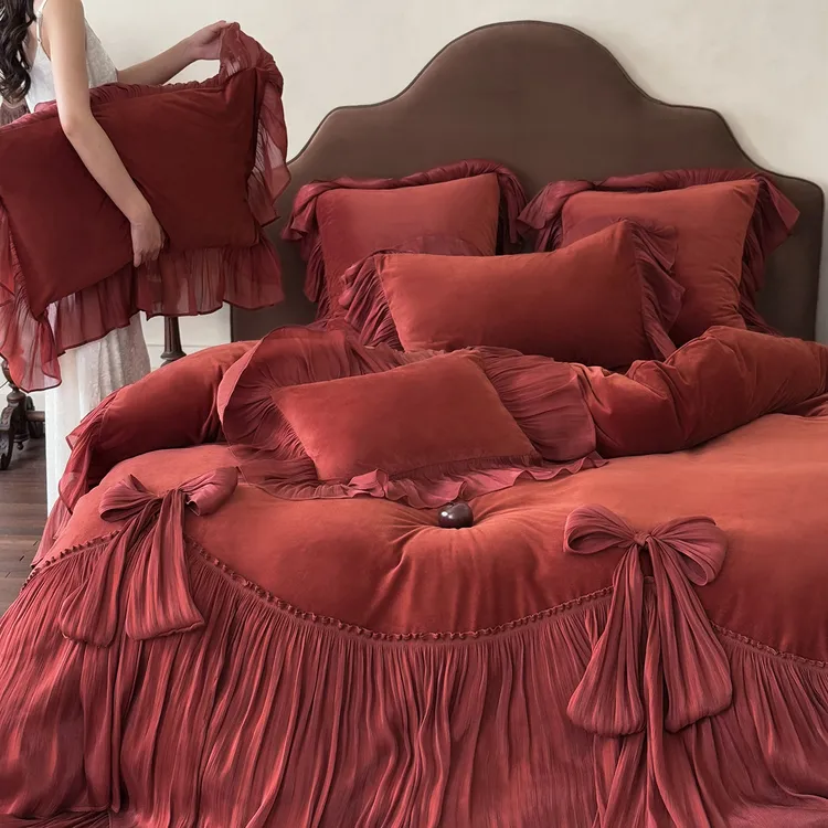 法式秋冬浪漫婴儿绒四件套加厚保暖双面绒蕾丝边被套床盖仙女床品