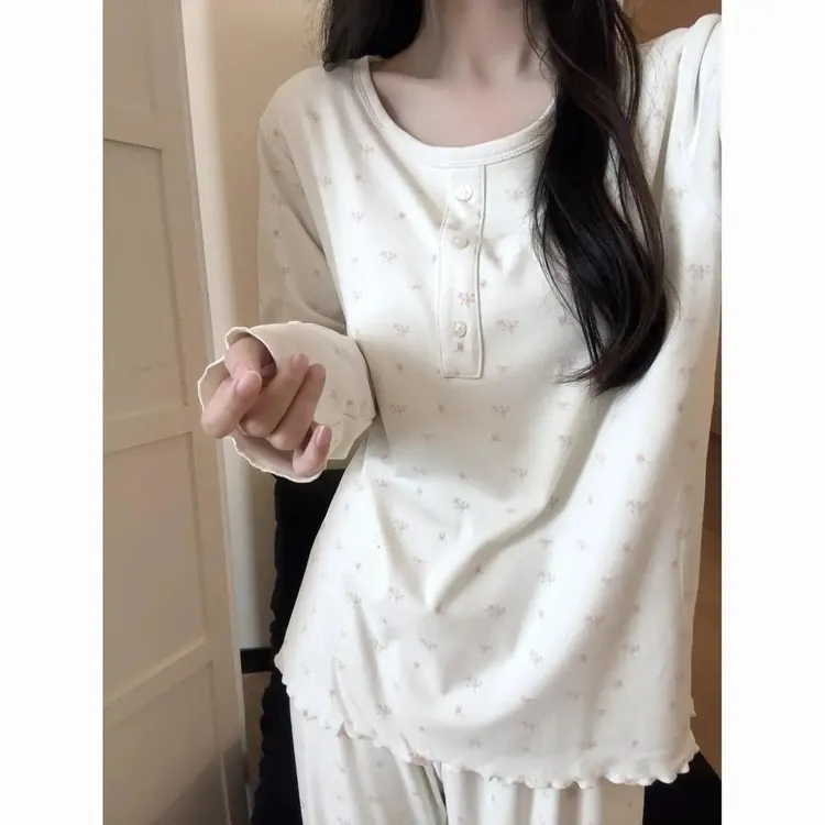 甜美清新小碎花德绒睡衣女秋冬新款长袖长裤家居服保暖套装可外穿