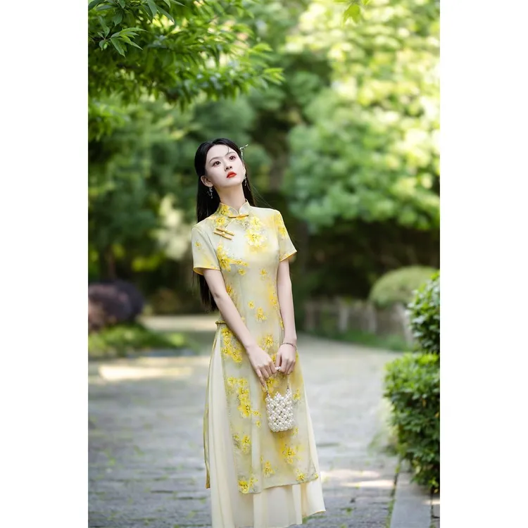 金榜题名旗袍新款高考中考旗开得胜夏季黄色妈妈送考穿的衣服