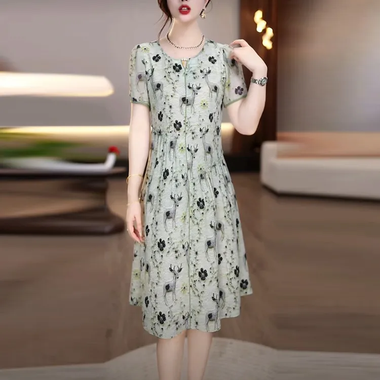 轻羽丝品质女装2025夏季新款时尚气质宽松遮肉中长款短袖连衣裙子