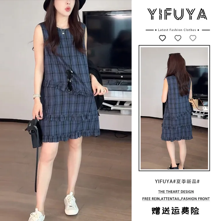 韩系温柔风荷叶边蓝格纹无袖背带裙女春新款设计感宽松显瘦连衣裙
