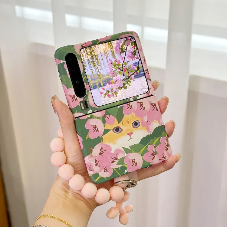 适用华为PuraX典藏版阔折叠手机壳花丛猫咪手提磨砂肤感女保护套