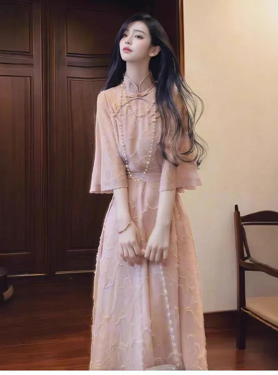 现563-6#新中式国风改良立领旗袍连衣裙女夏季系带收腰甜美中长裙